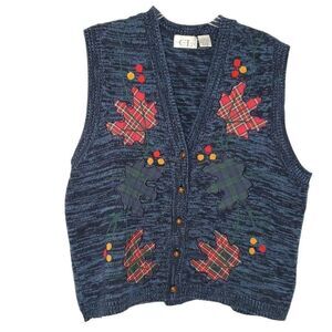 90s Embroidered Plaid Leaf Sweater Vest L Blue Red Granny Naturecore Autumn